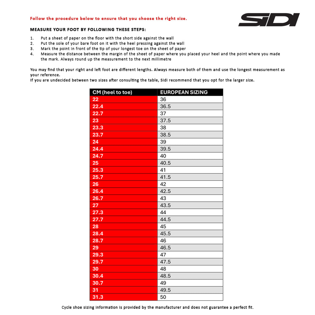 SIDI Cycle Regular Fit - Size Chart